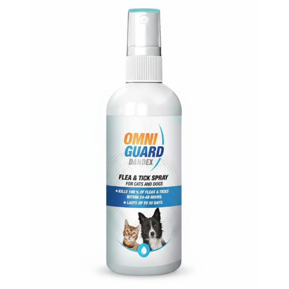 Omni Guard Dandex flea and tick spray bottle on a white background