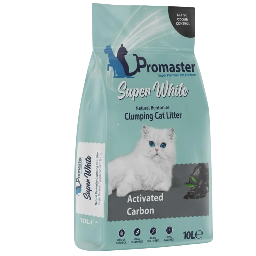 Promaster Super White cat litter packaging with a cat on a white background