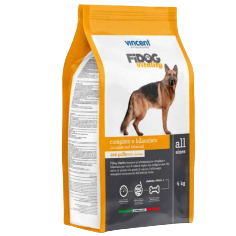 Dog food package with orange and white design featuring a dog illustration and brand name.