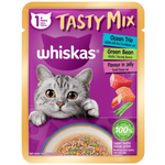 Whiskas Tasty Mix cat food packet with a purple background and a cat's face on it.