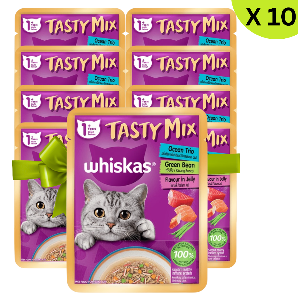 Packaging of Whiskas Tasty Mix cat food with a purple background and green bow.