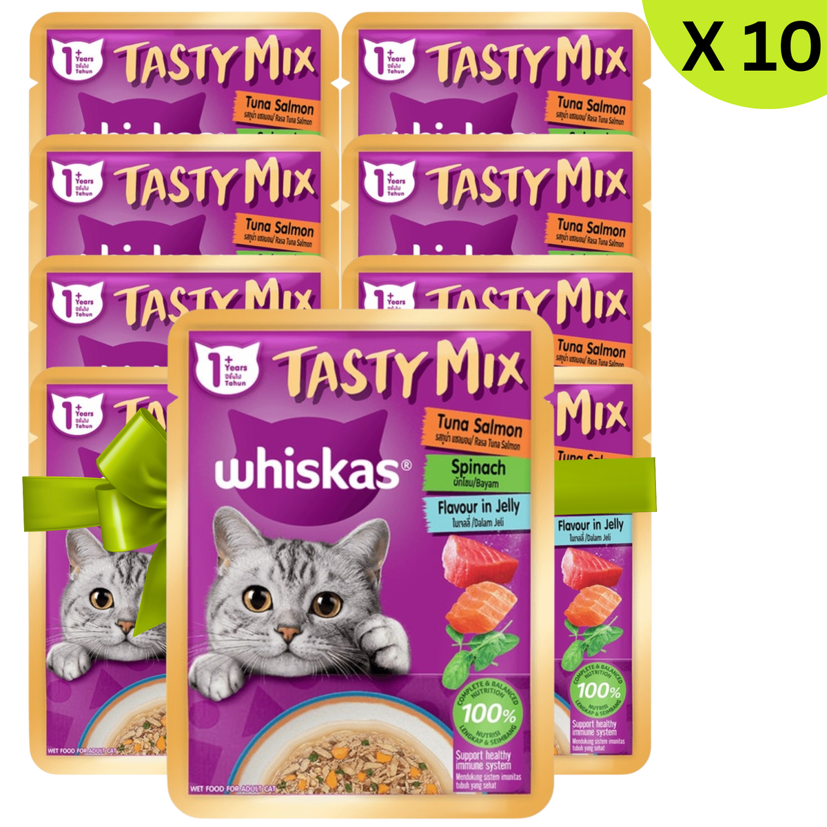 BUY 9 + 1 FREE Whiskas Wet Food for Adult Cat Tasty Mix Jelly with Tuna, Salmon & Spinach 70g