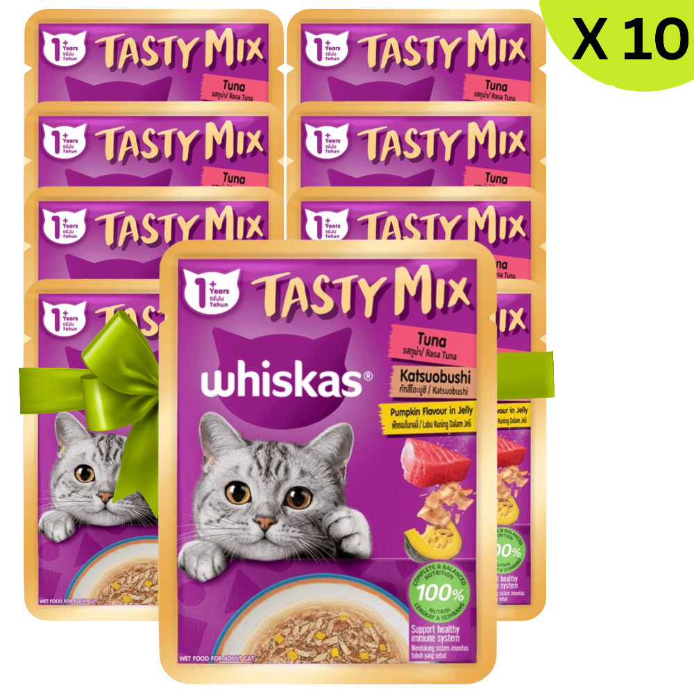 Packaging of Whiskas Tasty Mix cat food with a green ribbon on a white background