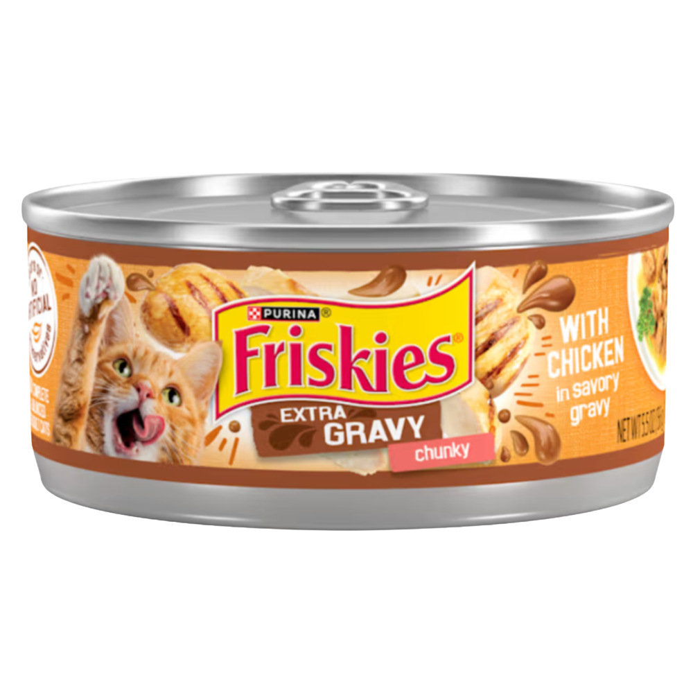 Can of Friskies Extra Gravy cat food with chicken flavor on a white background