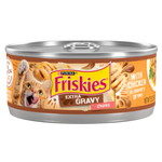 Can of Friskies Extra Gravy cat food with chicken flavor on a white background