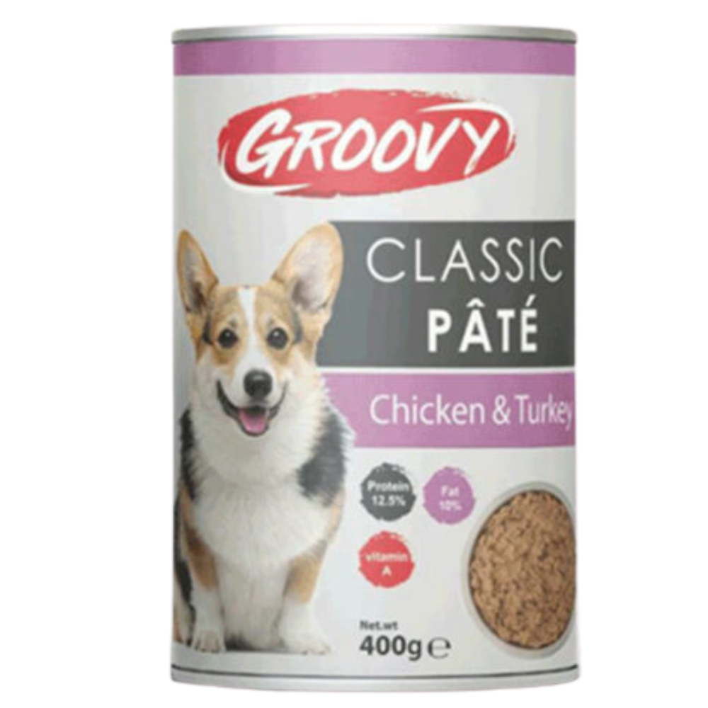 Can of Groovy Classic Pété dog food with a dog on the label