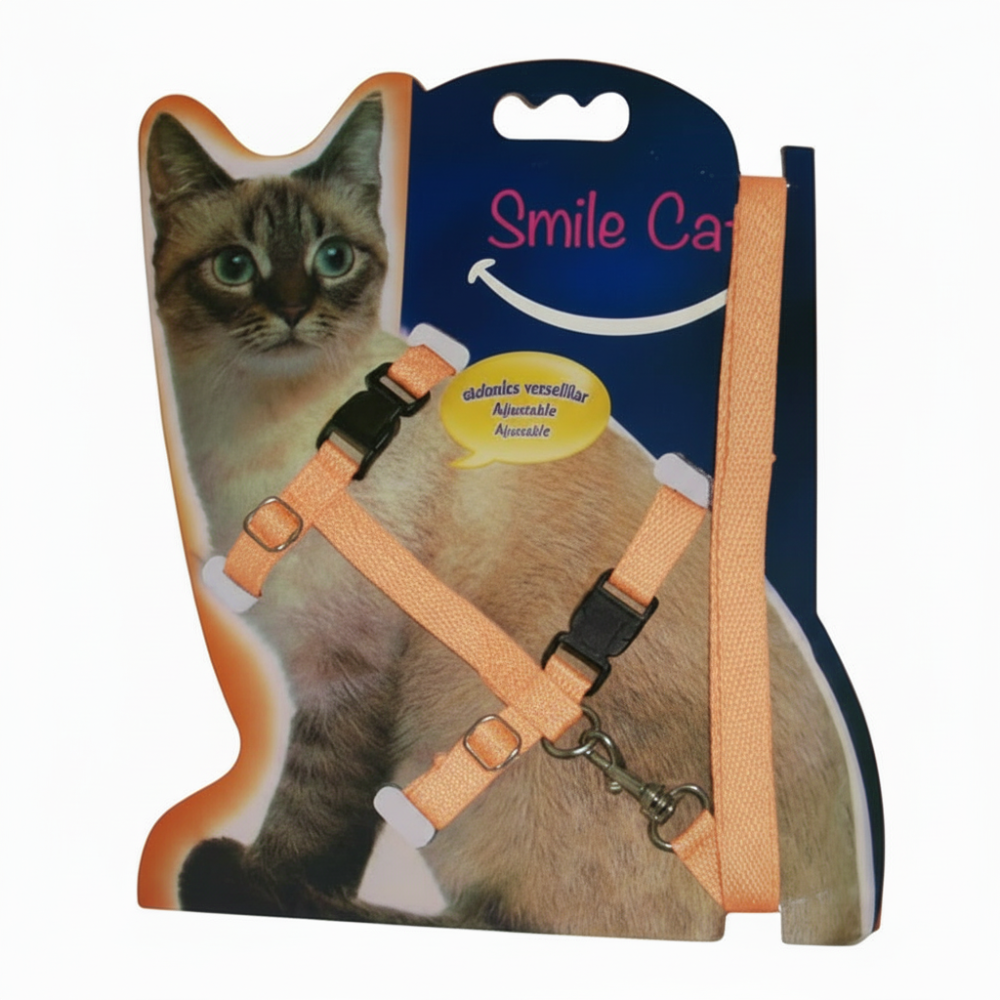 Smile Cat light orange harness and leash set on white background