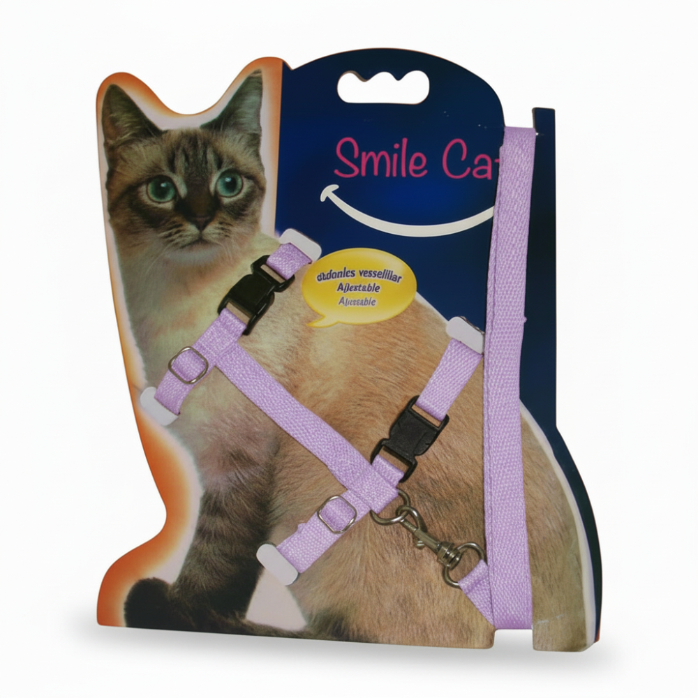 Smile Cat light purple harness and leash set on white background