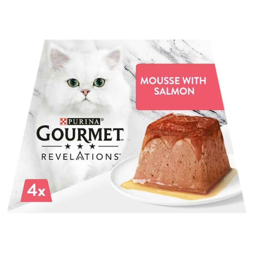 Purina Gourmet Revelations mousse with salmon packaging featuring a cat and a piece of mousse.
