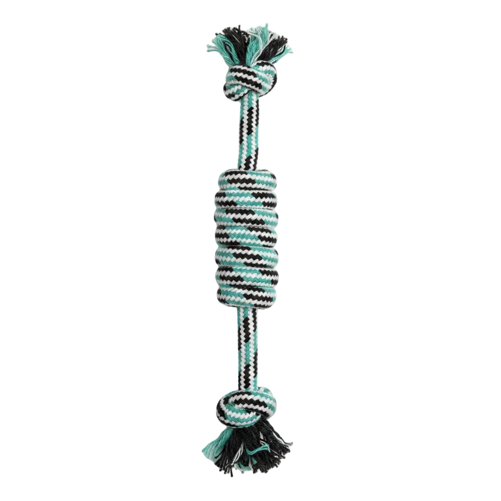 Teal black white dumbbell rope toy white background