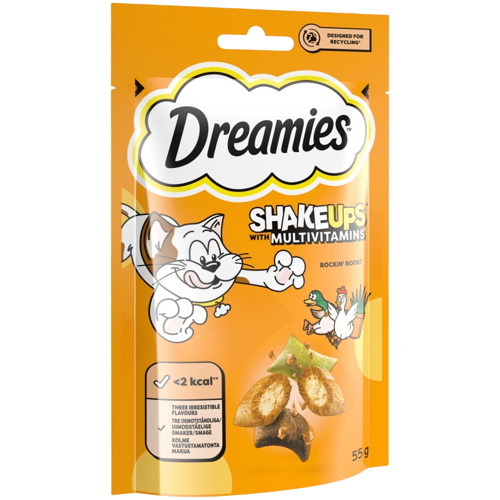 Dreamies Shake Ups with Multivitamins cat treat package on a white background