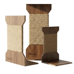 Three wooden cat scratchers of different sizes on a white background