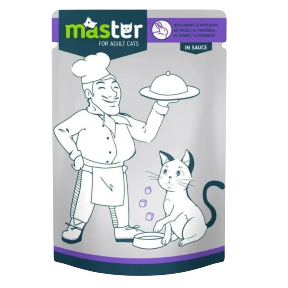 Cat food package with a cartoon chef and cat illustration on a white background