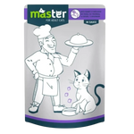Cat food package with a cartoon chef and cat illustration on a white background
