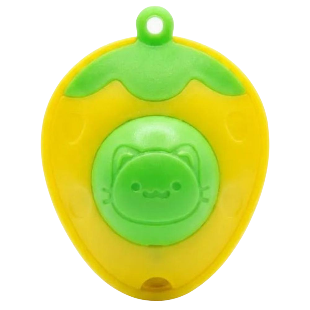 Yellow and green avocado-shaped toy with a cat face on a white background