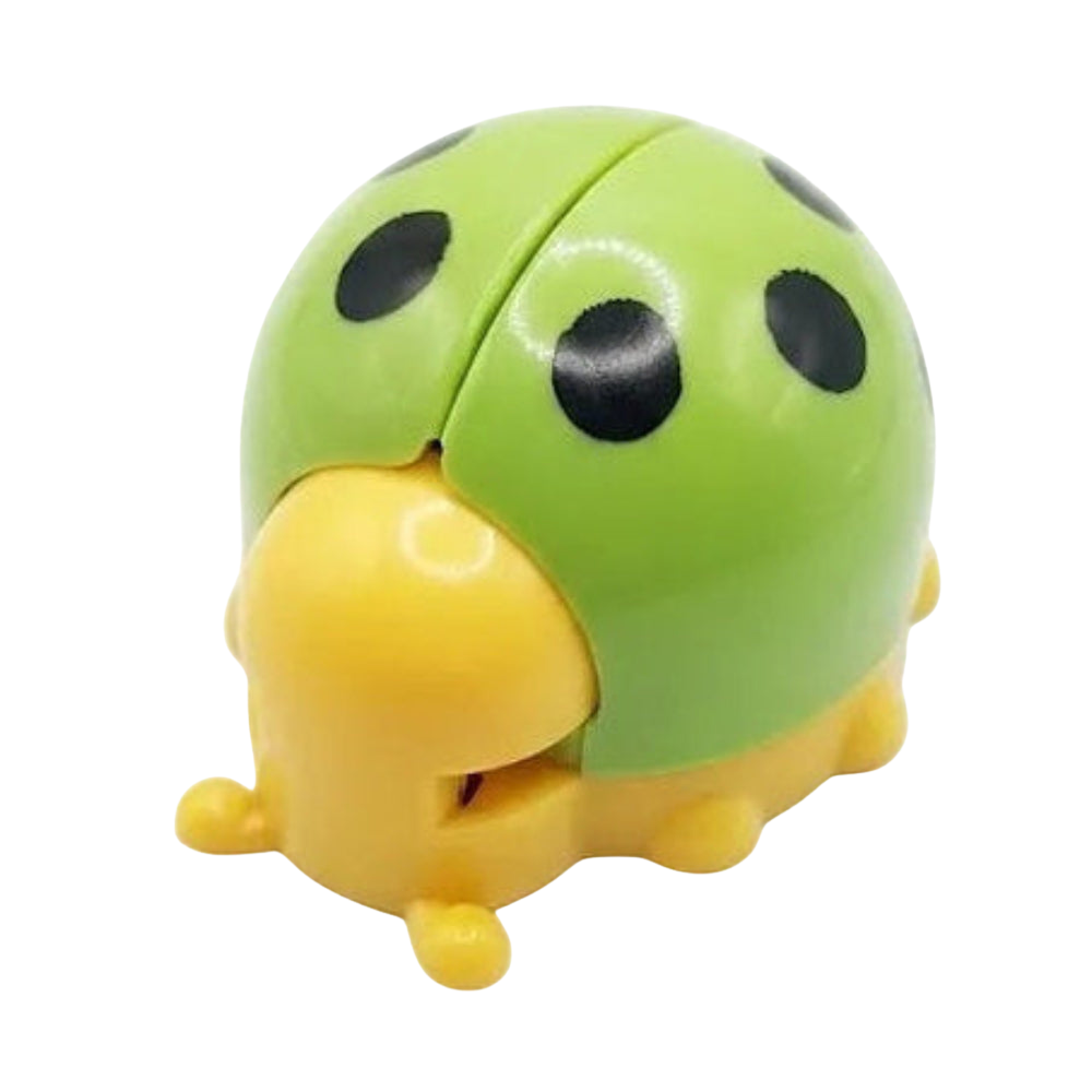 Green and yellow ladybug-shaped object on a white background