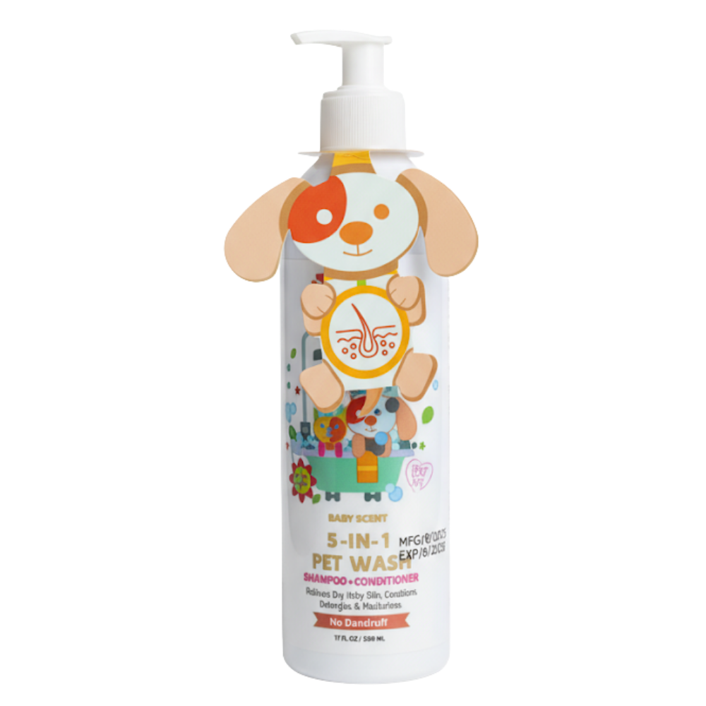 Children's pet wash bottle with a cartoon dog design on a white background