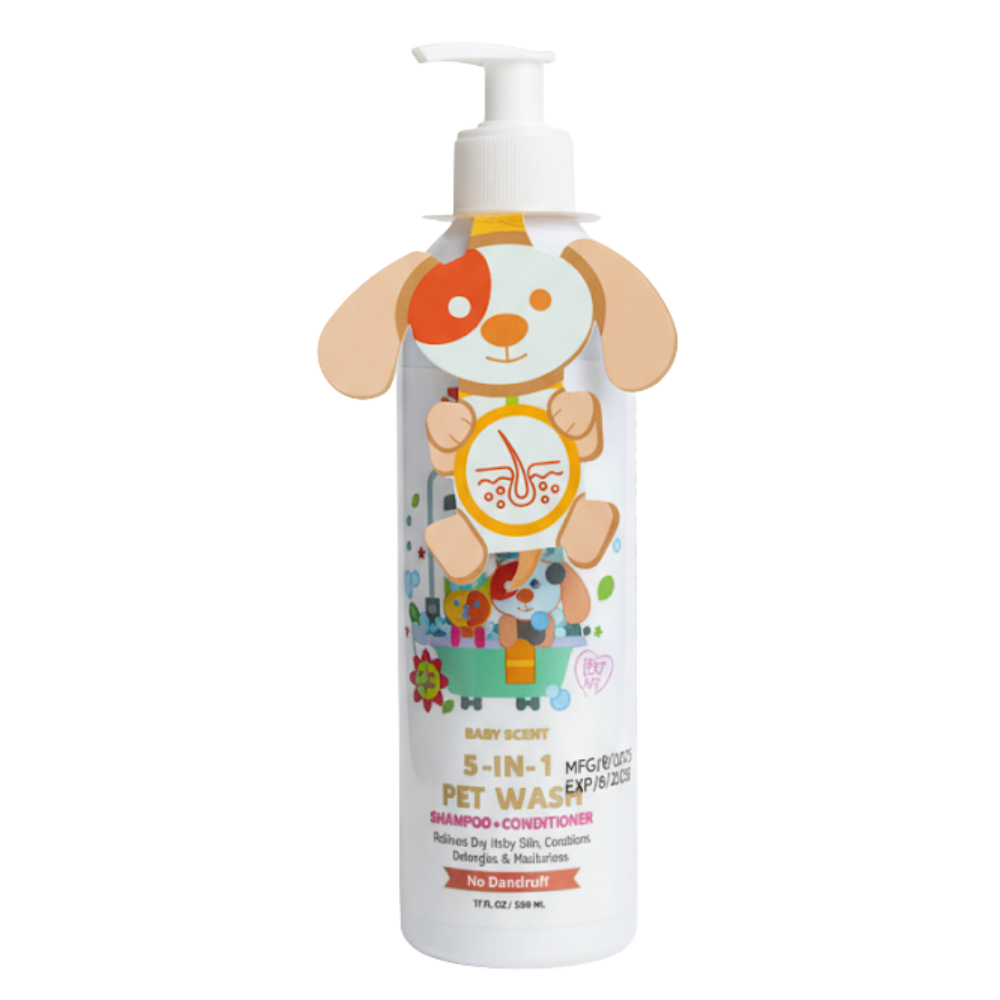 Children's pet wash bottle with a cartoon dog design on a white background
