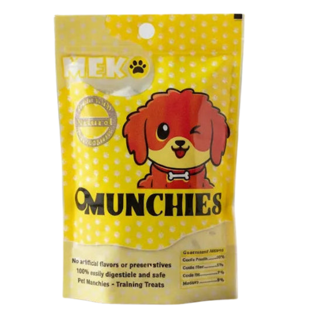 Yellow package of Munchies dog treats with a red dog illustration on a white background