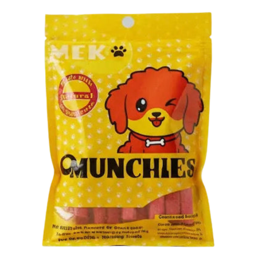 Yellow bag of Munchies dog treats with a cartoon dog on the label against a white background