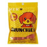 Yellow bag of Munchies dog treats with a cartoon dog on the label against a white background