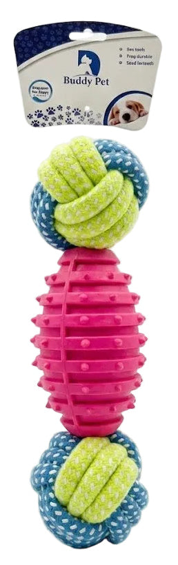 Colorful dog toy with a pink and blue design on a white background