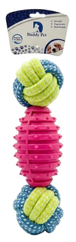 Colorful dog toy with a pink and blue design on a white background
