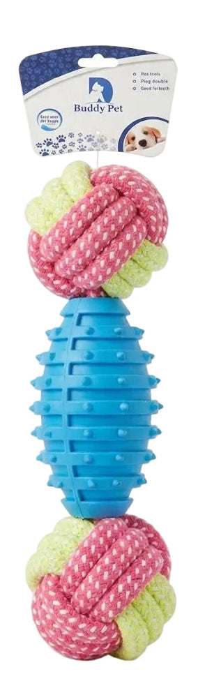 Dog toy with pink and green polka dot balls and blue textured handle on a white background