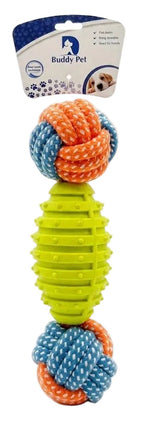 Colorful dog toy with a rope design on a white background, featuring the Buddy Pet brand.