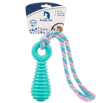 Teal dog toy with pink rope on a white background, branded as Buddy Pet.