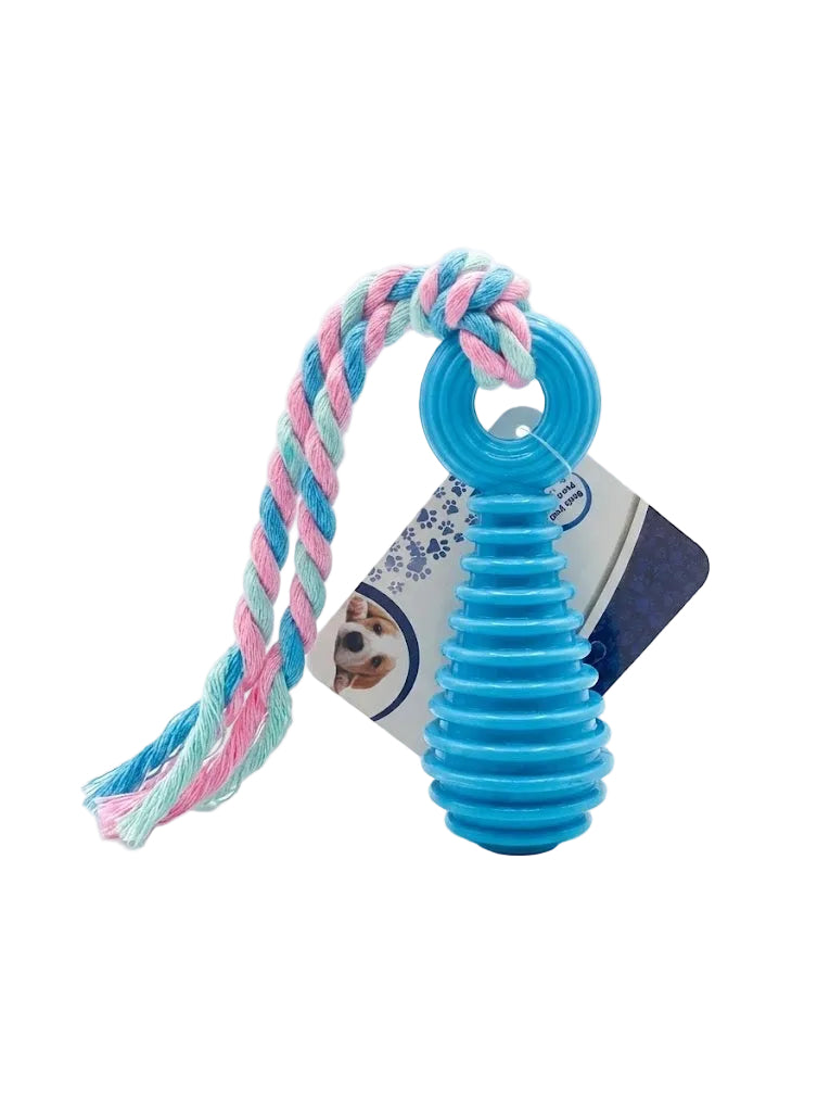 Blue dog toy with pink and blue rope on a white background