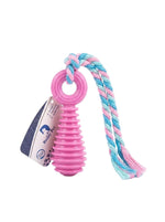 Pink and blue rope toy with a label on a white background