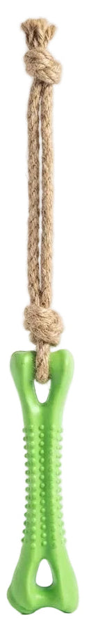 Green dog chew toy with a rope on a white background