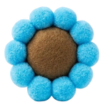 Pet toy with blue fuzzy balls around a brown center on a white background