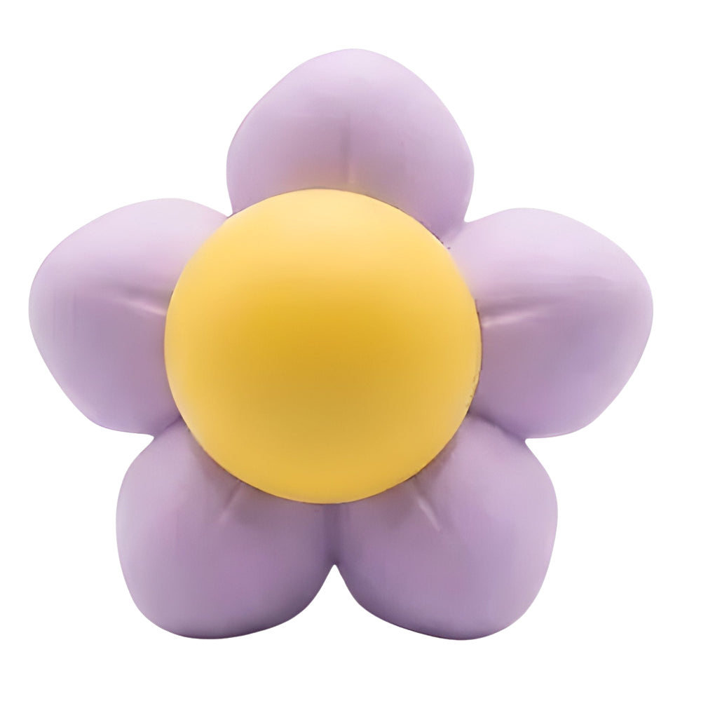 Flower-shaped object with a yellow center and purple petals on a white background