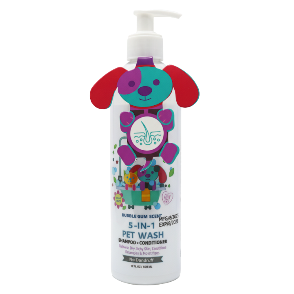 Pet wash bottle with colorful dog design on a white background