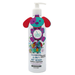 Pet wash bottle with colorful dog design on a white background