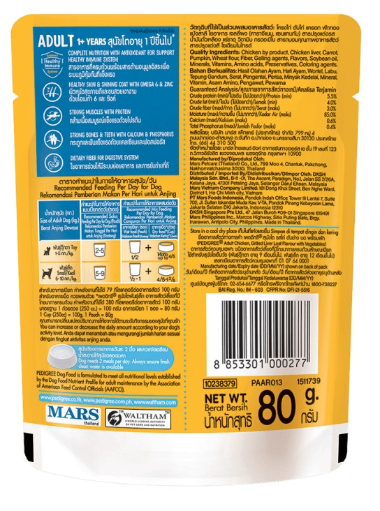 Back view of a pet food package with text and branding on a white background