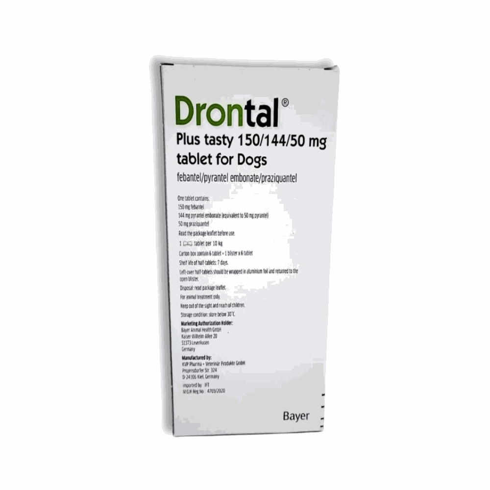 Box of Drontal Plus tasty tablet for dogs on a white background