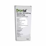 Box of Drontal Plus tasty tablet for dogs on a white background