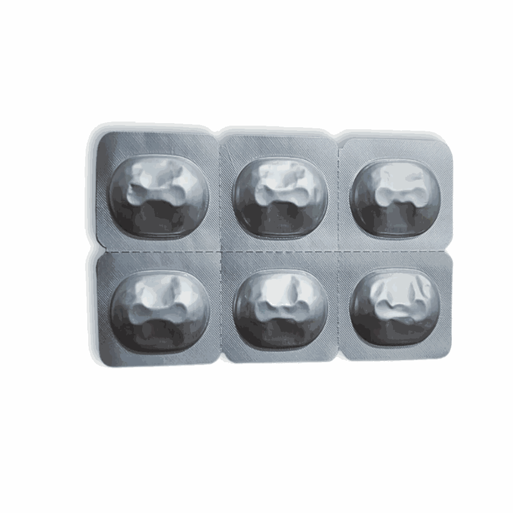  blister pack with six silver capsules on a white background