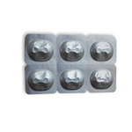  blister pack with six silver capsules on a white background