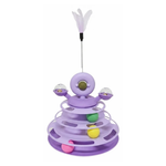 Purple cat toy with colorful beads on a white background