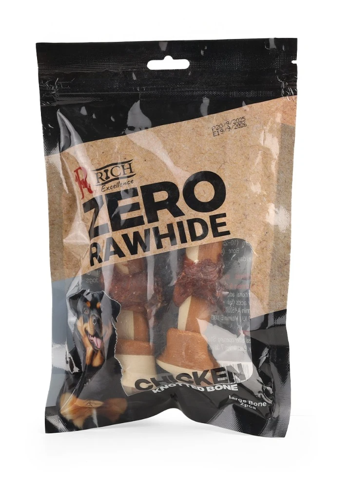 Rich Zero Rawhide Chicken Knotted Bone Large Bone with Wrapped Chicken 2pes