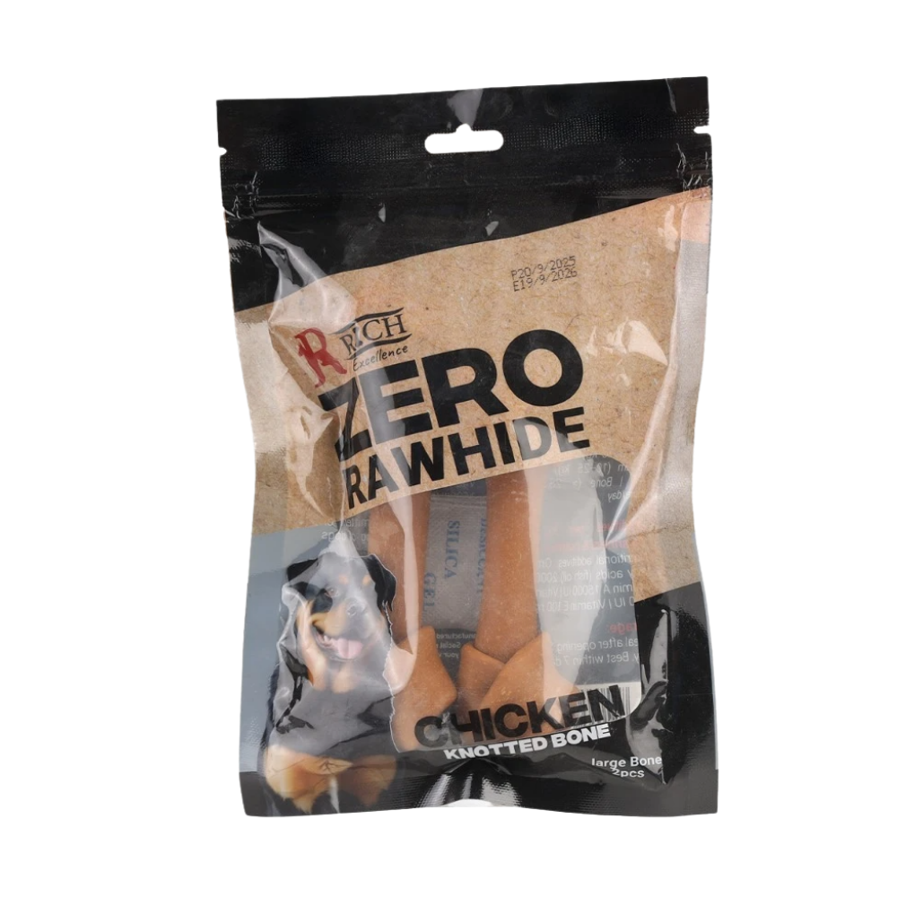 Zero Rawhide chicken knotted bone packaging on a white background