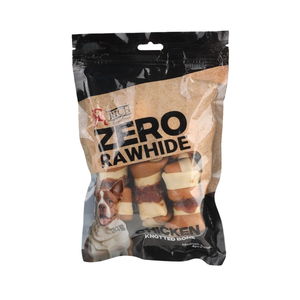 Package of MCH Zero Rawhide Chicken knotted bones for dogs on a white background