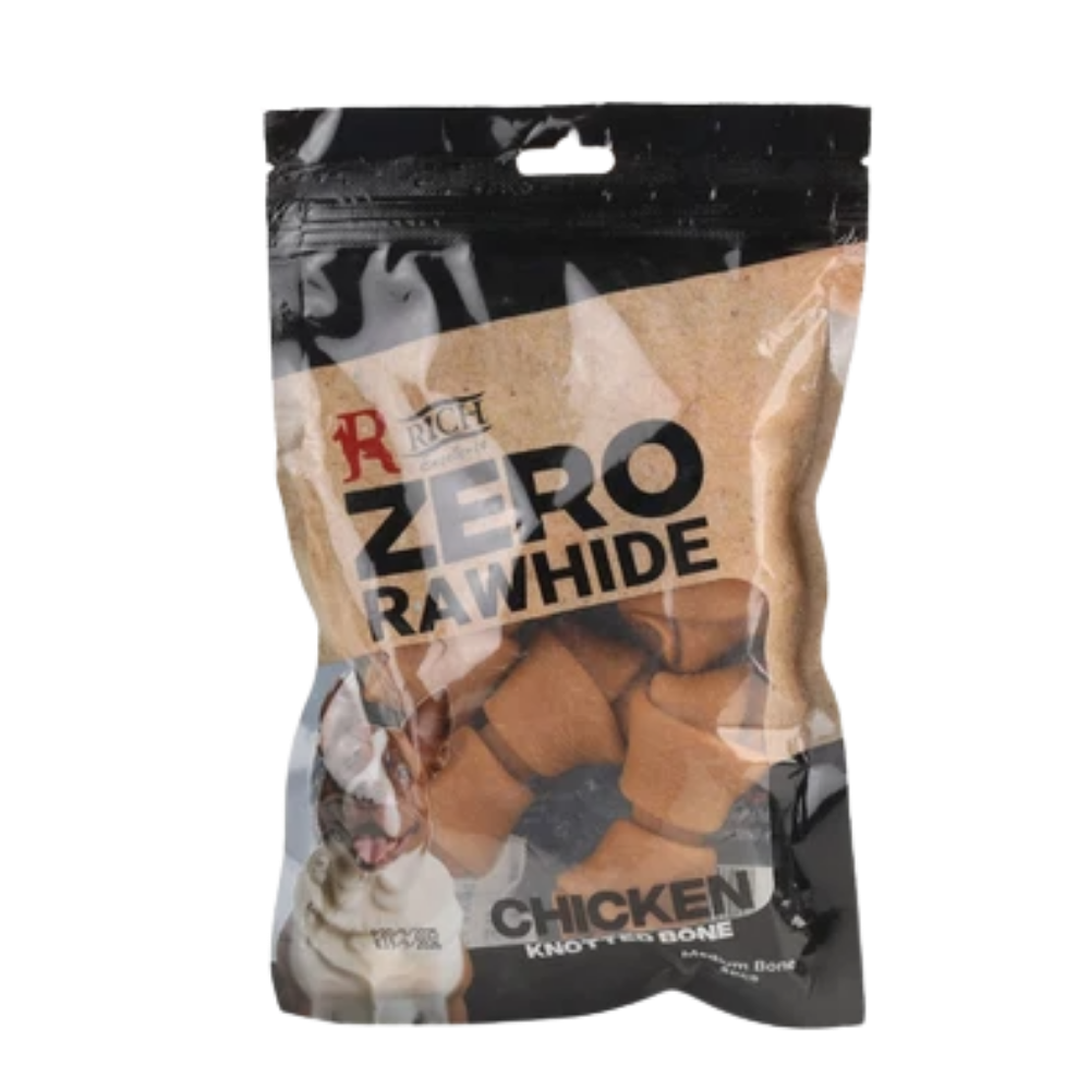 Package of Rich Dog Zero Rawhide Chicken knobby bone dog treat on a white background