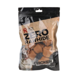 Package of Rich Dog Zero Rawhide Chicken knobby bone dog treat on a white background