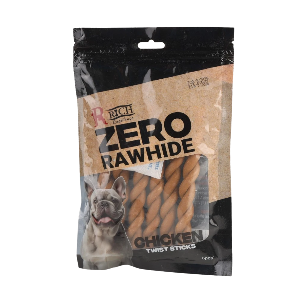 Package of Rich Chicken Twist Sticks for dogs with a dog on the label.