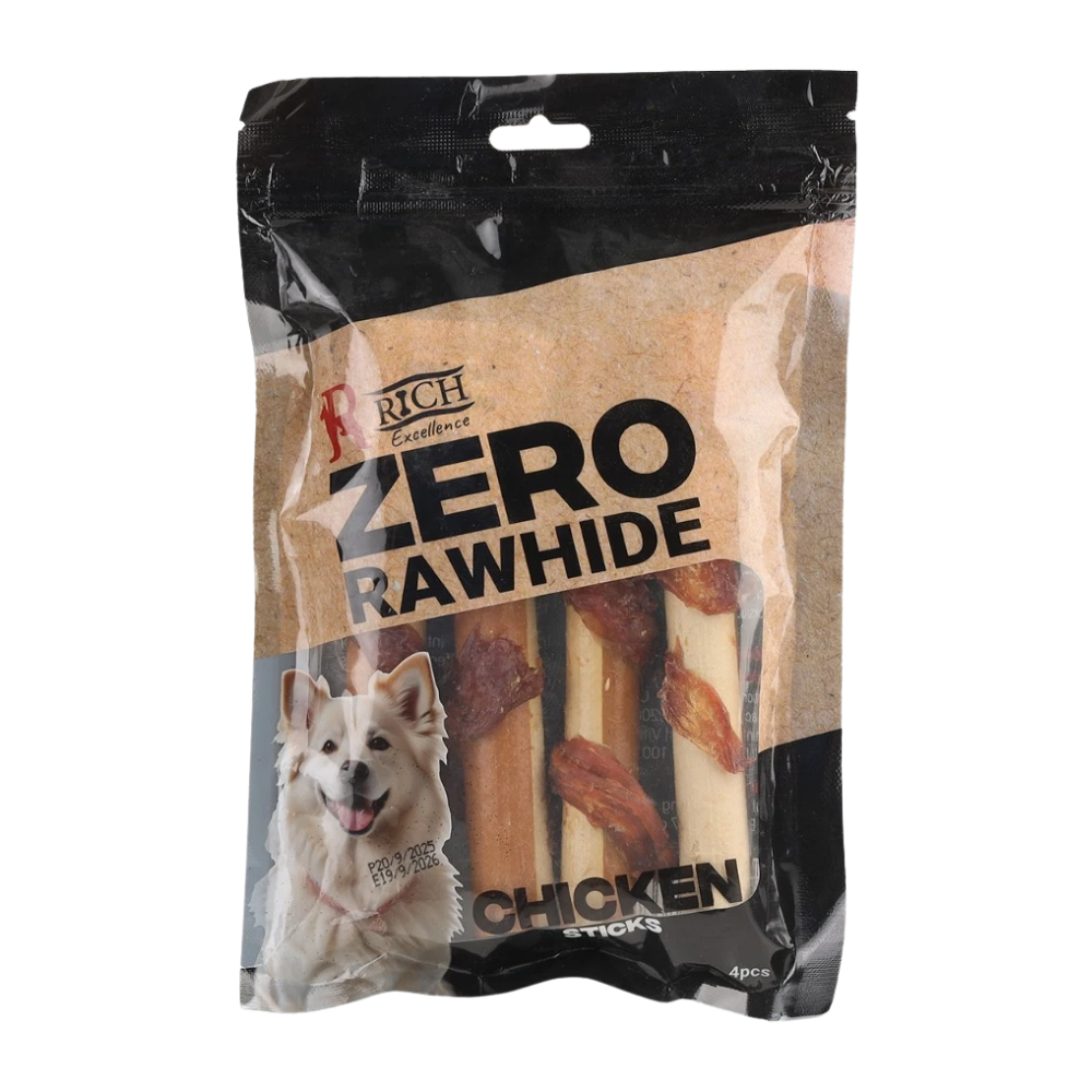 Package of Rich Zero Rawhide Chicken Sticks for dogs on a white background